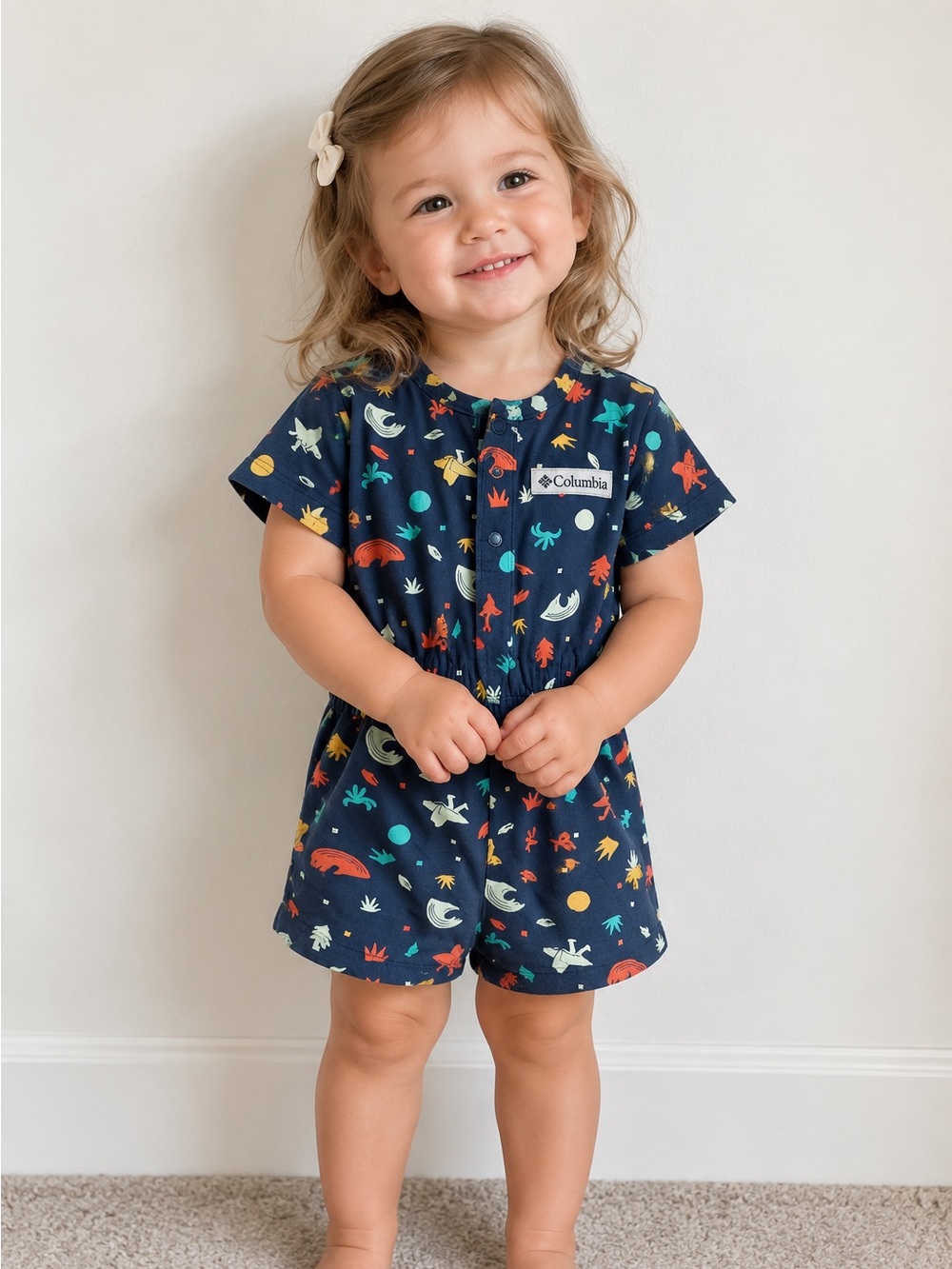 Columbia Baby Navy Outdoor Print Short Sleeve Romper 12-18M